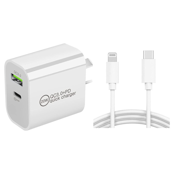 Pbuddy 20W Dual/Twin USB-C USB-A Type C PD Fast Wall Charger Adaptor QC3.0 for Android iPhone iPad [Option: Charger + 1m iPhone Cable] (Adapter + UsbA+Pd 1m)